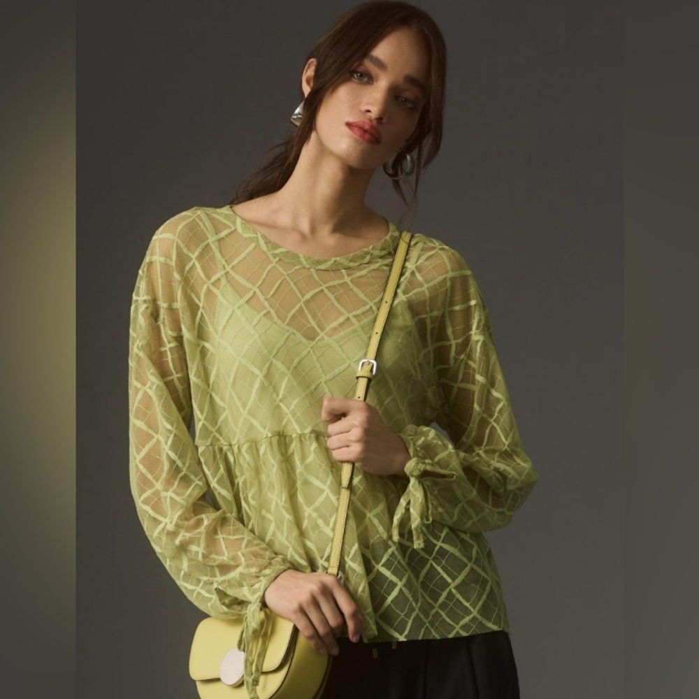 Anthropologie Maeve Sheer Babydoll Top Lime Green Mesh Layering Blouse Medium